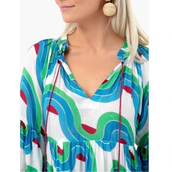 Oliphant Noveau Dress with Retro Swirl Pattern and Balloon Sleeves- Small - Picture 2 of 9